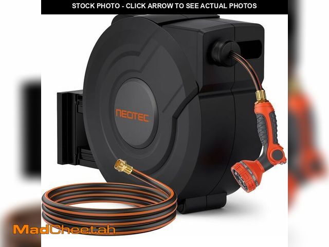 Lot 74-13710225 - NEOTEC Retractable Garden Hose Reel 1/2 inch x 130ft - Wall Mounted Heavy Duty Hose Reel with 3/4 In...