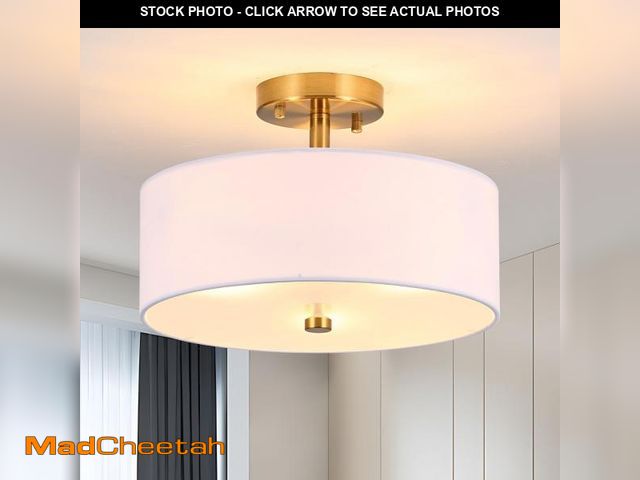 Lot 74-11545545 - 3-Light Gold Semi Flush Mount Ceiling Light,12" Drum Light with White Fabric Shade,Modern Close to C...