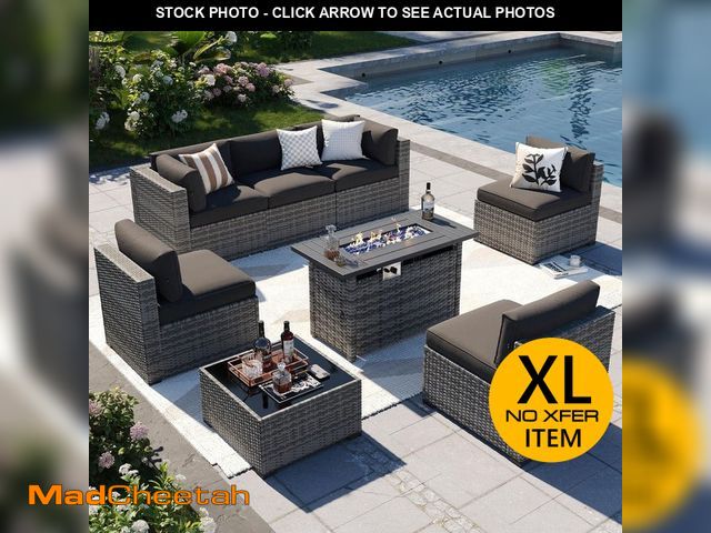 Lot 74-12535549 - Sizzim Gray 8-Piece Wicker Rattan Outdoor Sectional Set with 50000 BTU Gas Fire Pit Table and Black ...