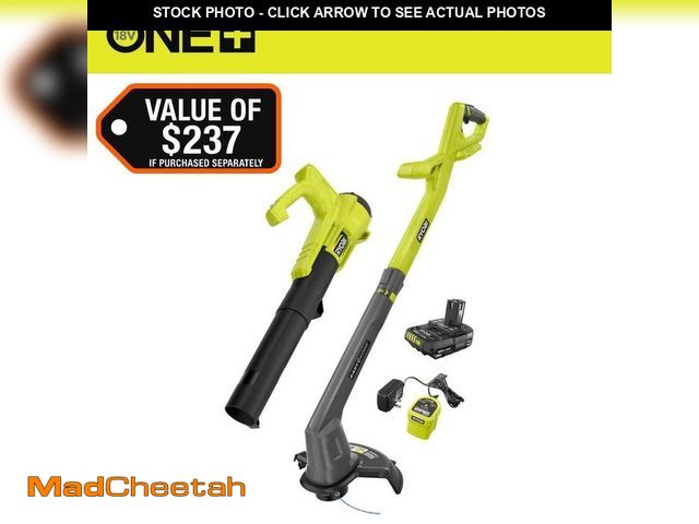 Lot 74-14246352 - RYOBI ONE+ 18V Cordless String Trimmer/Edger and Blower/Sweeper Combo Kit (2-Tools) with 2.0 Ah Batt...