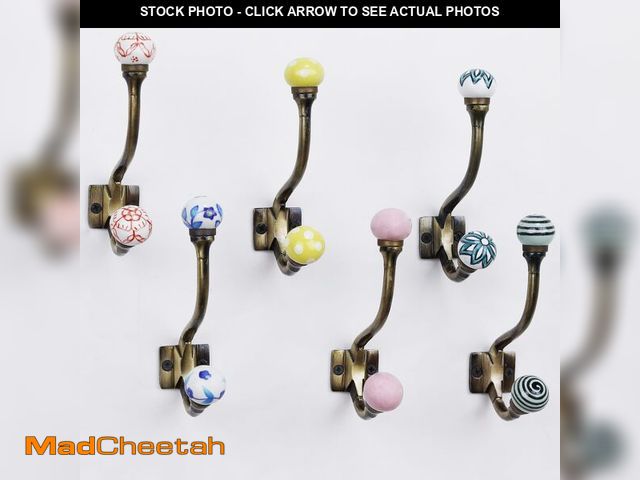 Lot 74-13570498 - IndianShelf 6 Heavy Duty Double Ceramic Iron Decorative Wall Hooks, Unique Boho Coat Hooks, Handmade...