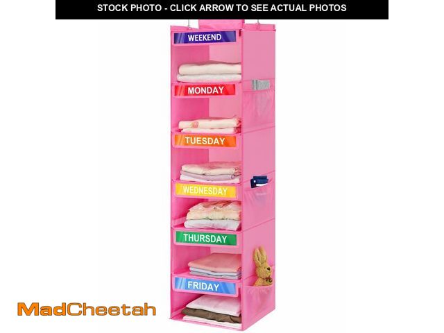 Lot 74-12700702 - Fivebop 6-Shelf Weekly Clothes Organizer for Kids, Hanging Daily Closet Organization with 6 Side Poc...