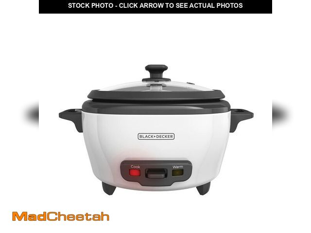 Lot 74-13622644 - BLACK+DECKER Rice Cooker 6-Cup (Cooked) with Steaming Basket, Removable Non-Stick Bowl, White - USED