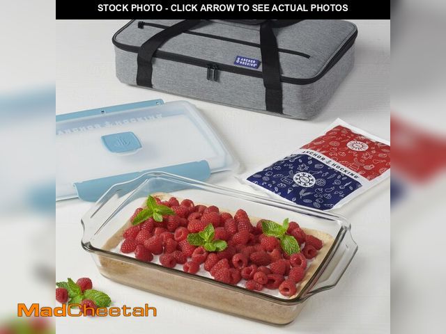 Lot 74-14144512 - Anchor Hocking 3 Quart Glass Baking Dish with Lid, Insulated Carrier &amp; Hot/Cold Pack - UNUSED