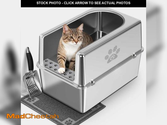 Lot 74-12670482 - Ptlom Stainless Steel Litter Box with Lid Extra Large Cat Litter Box Metal Litter Pan 23.6" X 15.7" ...