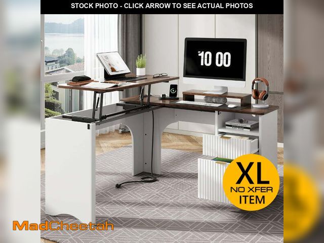 Lot 74-14071993 - Bestier 55" L-shaped Computer PC Desk Lift Top with Power Outlets Storage Drawers and Monitor Stand,...