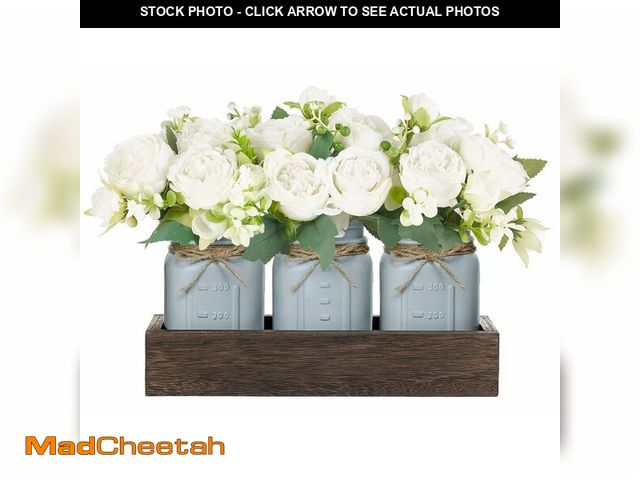 Lot 74-14261569 - Mkono Mason Jar Table Centerpiece Decorative Wood Tray with 3 Painted Jars Artificial Flowers Rustic...