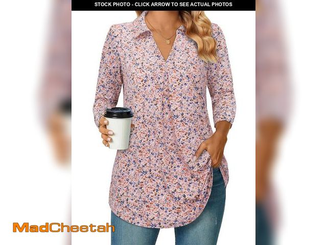 Lot 74-12359655 - Bulotus Plus Size Dressy Shirts, Blouses for Women Business Casual Loose Fit 3/4 Sleeves Tops V Neck...