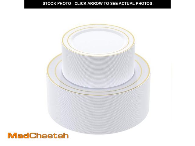 Lot 74-12116489 - JOLLY CHEF 102 Count Gold Disposable Plastic Plates, Heavyweight Disposable Wedding Plates Set White...