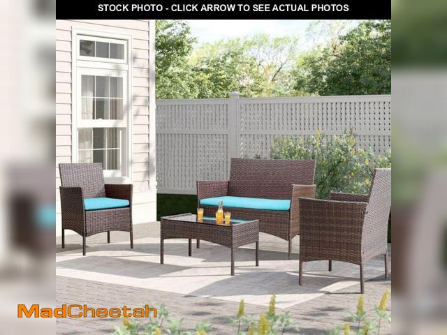 Lot 74-12289241 - Tozey Brown 4-Pieces Wicker Outdoor Patio Furniture Sets Rattan Chair Wicker Set with Blue Cushion -...