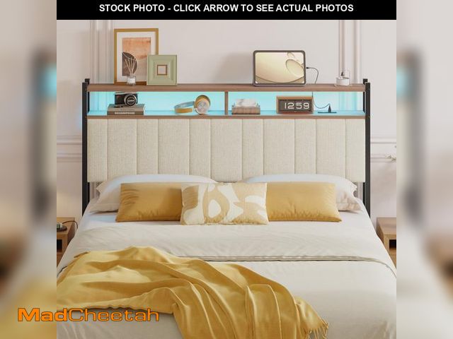 Lot 74-12166902 - Pinmoco Upholstered Headboard for Queen Bed with Storage, Linen Head Board with LED Light and Chargi...