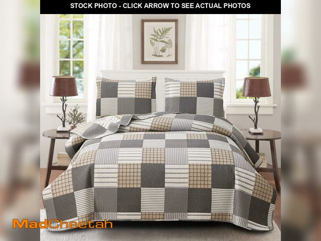 Lot 74-12699074 - Brown Black Plaid Bedding Sets, 3 Pcs King Size Quilt Bedspread Checked Patchwork Print Coverlets Be...