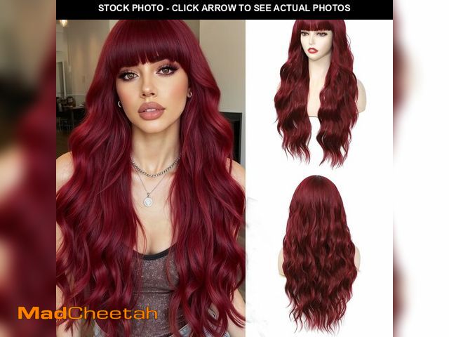 Lot 74-13540078 - Angzon Burgundy Wig With Bangs Long Wavy Wine Red Wigs for Women 26 Inch Curly Wavy Wig With Bangs N...