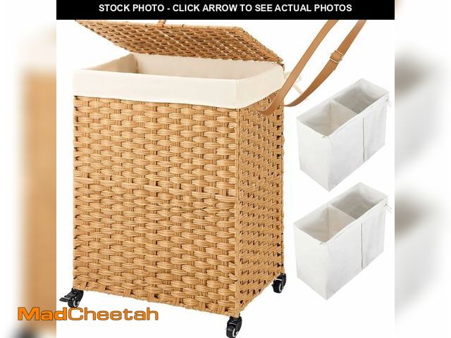 Lot 74-13835921 - Greenstell Laundry Hamper with Wheels, No Install Needed, 110L Divided Handwoven Hampers &amp; 2 Rem...