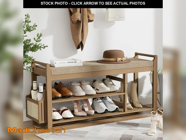 Lot 74-13698070 - Homaxy 2-Tier Shoe Rack Bench with Side Holder, 39.4 in Bamboo Entryway Bench, Shoe Rack Organizer w...