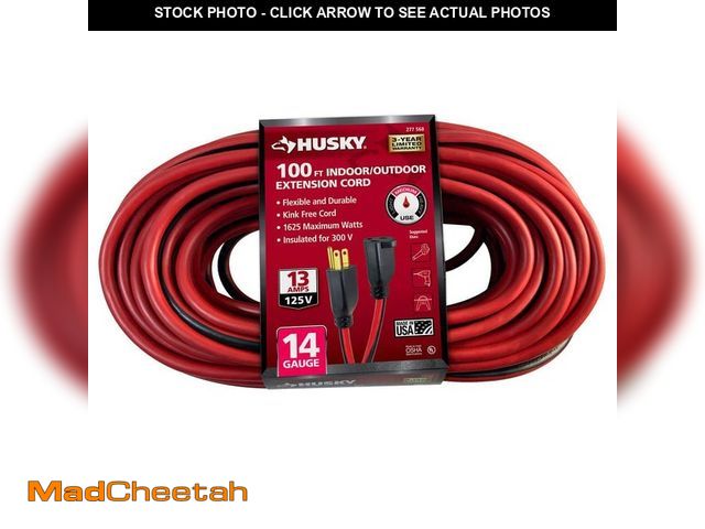 Lot 74-12776129 - *DIRTY/SCRATCHED* Husky 100 ft. 14/3 Medium Duty Indoor/Outdoor Extension Cord, Red/Black *DIRTY/SCR...