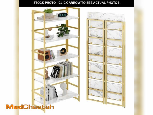 Lot 74-12688921 - BHG No Assembly Folding Bookshelf for Living Room, 5 Tier Gold Collapsible Book Shelf for Home Offic...