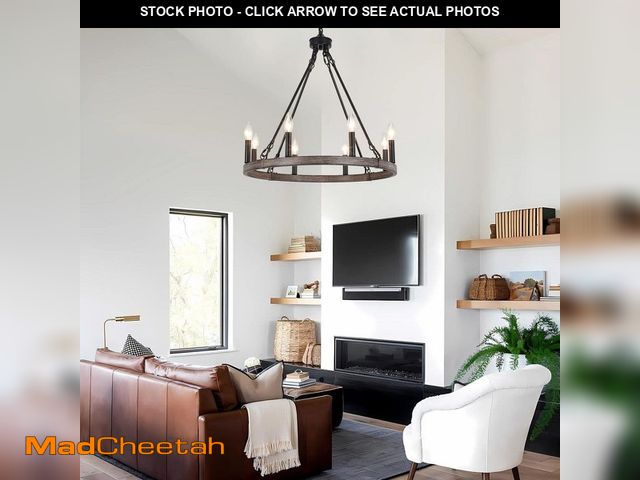 Lot 74-14223701 - ZJVAIVE 6 Light Matte Black and Wood Grain Farmhouse Wagon Wheel Chandelier for Living Room Bedroom ...