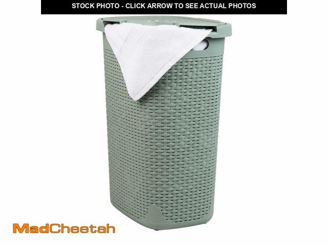 Lot 74-13069264 - Mind Reader Slim Laundry Hamper with Lid, 60L Clothes Basket, Premium Wicker Design, Plastic, Mint -...