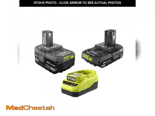 Lot 74-12087147 - RYOBI ONE+ 18V Lithium-Ion Starter Kit with 2.0 Ah Battery, 4.0 Ah Battery, and Charger - UNUSED