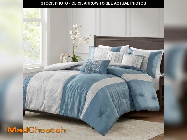 Lot 74-12137848 - Madison Park Queen Comforter Set Jacquard Comforters for Queen Size Bed, Ogee Print, Pleated Trims, ...