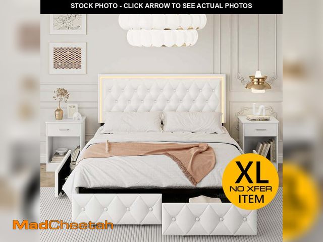 Lot 74-12578265 - Homfa Queen LED Bed with 4 Drawers, LED Lights Platform Storage Bed Frame with Upholstered Adjustabl...