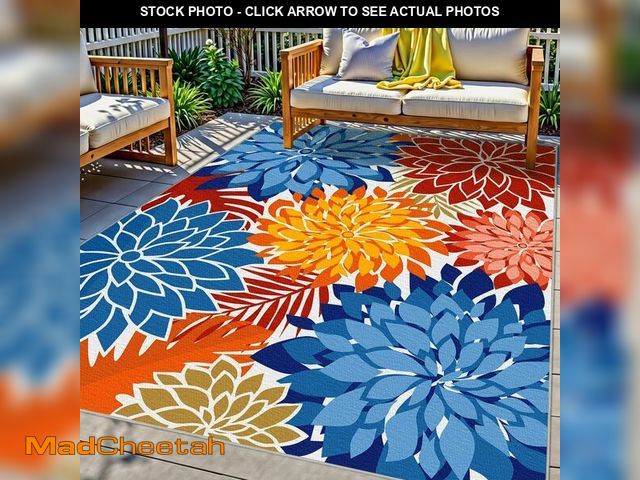 Lot 74-14207486 - Colorful 5x8 Outdoor Area Rug Washable Multicolored Patio Rug Tropical Botanical Floral Chenille Wat...