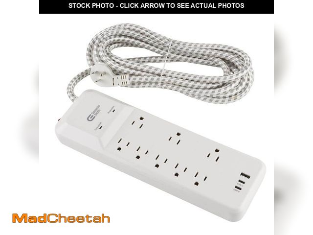 Lot 74-12871943 - Commercial Electric 12 ft. 8-Outlet Surge Protector Braided Cord with 1 USB-A and 2 USB-C, White - U...