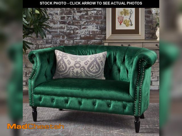 Lot 74-12164172 - GDFStudio Melaina Tufted Chesterfield Velvet Loveseat with Scrolled Arms, Emerald and Dark Brown. - ...