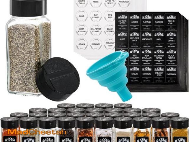 Lot 74-12313731 - Tebery 30 Pack Glass Spice Jars Square Glass Bottles with Black Caps, 4oz Empty Spice Containers Sha...