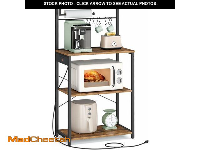 Lot 74-13710754 - VASAGLE Kitchen Bakers Rack with Power Outlet, Coffee Bar 4-Tier with 8 S Hooks, Microwave Stand, Ad...