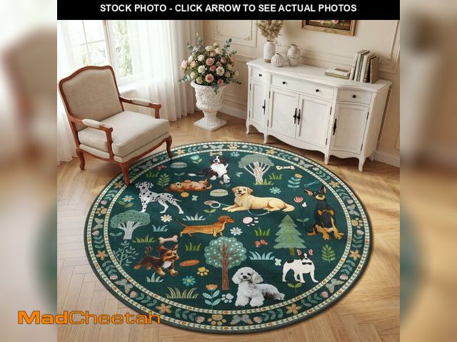 Lot 74-13627606 - Mejorug 4ft Round Rug Washable Floral Animal Dog Print Circle Area Rug,Soft Stain Resistant Low Pile...
