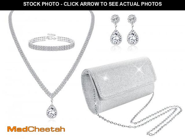 Lot 74-12442736 - Subiceto 4Pcs Silver Clutch Purse Jewelry Set for Women Evening Rhinestone Purse Crystal Necklace Ea...