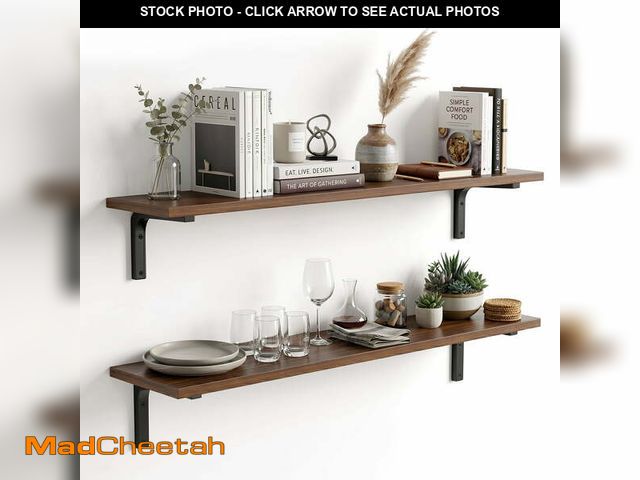 Lot 74-14608195 - Riousery Wood Floating Shelves Set of 2, 23.6" Wall Mounted Shelves with Metal Brackets, Walnut Wall...