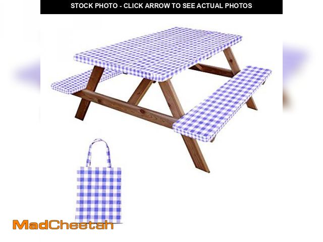 Lot 74-12331203 - *SEE PICS FOR COLOR* RNOONY Vinyl Fitted Picnic Table Cover with Bench Covers and Bag, 6ft Outdoor W...