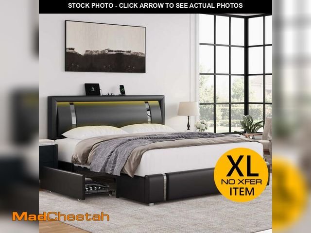 Lot 74-12892184 - (MISSING HARDWARE) Homfa Queen Size LED Bed Frame with 2 Storage Drawers, Modern Leather Upholstered...