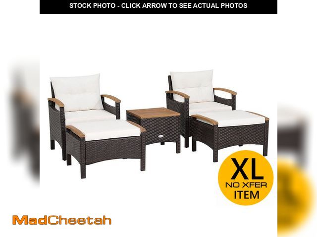Lot 74-12690229 - Gymax 5PCS Outdoor Patio Rattan Furniture Set PE Wicker Lounge Chair w/Wood Tabletop Off White - UNU...