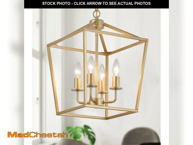 Lot 74-12973498 - Industrial 4 Lights Chandelier, Gold Lantern Ceiling Light Fixtures with Rustic Metal Cage Adjustabl...