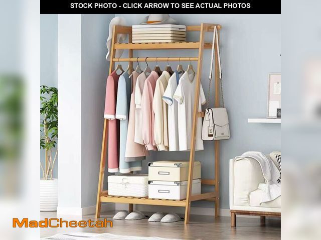 Lot 74-14613113 - Baveke Bamboo Clothing Garment Rack 2 Tier Storage Shelf Coat Clothes Hanging Rack, Portable Wardrob...
