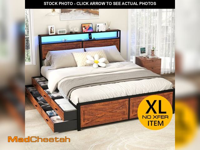 Lot 74-12628631 - Kiivakii King Size Bed Frame with 12 Storage Drawers, LED Headboard with Charging Station, Metal Bed...