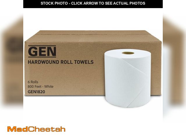 Lot 74-14348752 - GEN Hardwound Roll Towels - White, 8-Inch x 800 ft, 6 Rolls/Carton - UNUSED