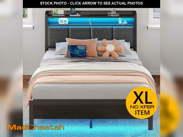 Lot 74-14584704 - Rolanstar Full Bed Frame with Drawers, Storage Headboard with Charging Station and LED Lights, Uphol...