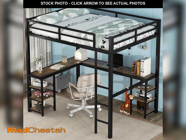Lot 74-12109579 - Full Size Loft Bed with Desk and Storage Shelves, Heavy Duty Metal Loft Bed with L-Shaped Desk and L...