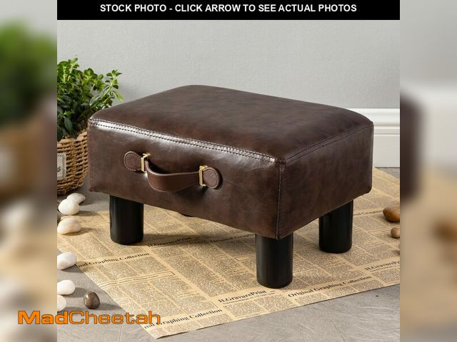 Lot 74-14272382 - Small Foot Stool with Handle, Brown Faux Leather Short Foot Stool Rest, Rectangle Storage Foot Stool...