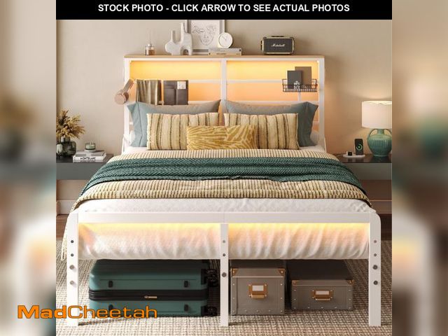 Lot 74-12480941 - Bestier Queen Size Metal Platform Bed Frame With LED Headboard &amp; Charging Station Adjustable Und...