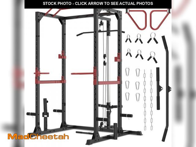 Lot 74-12105325 - Fitness Reality XLT Squat Rack with LAT Pulldown, Landmine, Weight Horn Attachments , Barbell Holder...