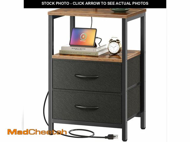 Lot 74-14381550 - Huuger Nightstand with Charging Station, Side Table with Fabric Drawers, End Table with Open Shelf, ...