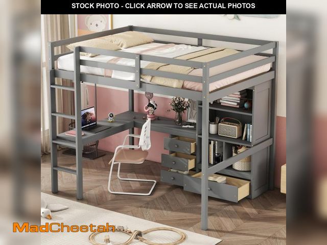 Lot 74-12242294 - Ball &amp; Cast Full Size High Loft Wood Bed with Desk and Storage Shelves,Built-in Ladder Bedframe ...