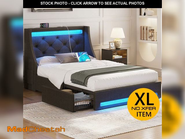 Lot 74-13642999 - Rolanstar Twin Bed Frame with LED Lights and Charging Station, Upholstered Bed with Drawers, Wooden ...