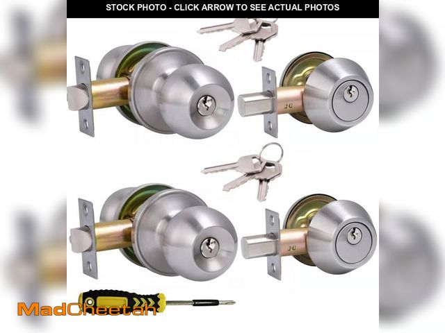 Lot 74-12302305 - 2 Sets All Keyed Same Entry Door Knob and Single Cylinder Deadbolt Combo Set, Round Ball Satin Nicke...